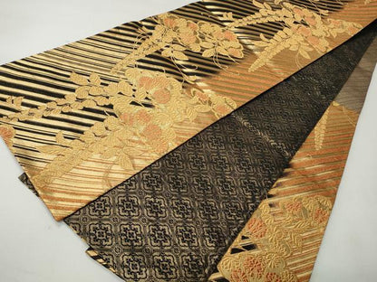 平和屋着物◎六通柄袋帯　草花文　黒地　金糸　正絹　逸品　CABH8437qe