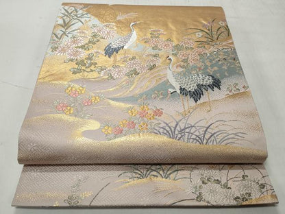 平和屋着物◎六通柄袋帯　唐織　草花鶴文　金糸　正絹　逸品　CABH8446qe