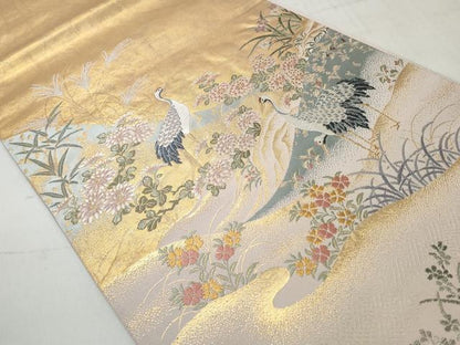 平和屋着物◎六通柄袋帯　唐織　草花鶴文　金糸　正絹　逸品　CABH8446qe