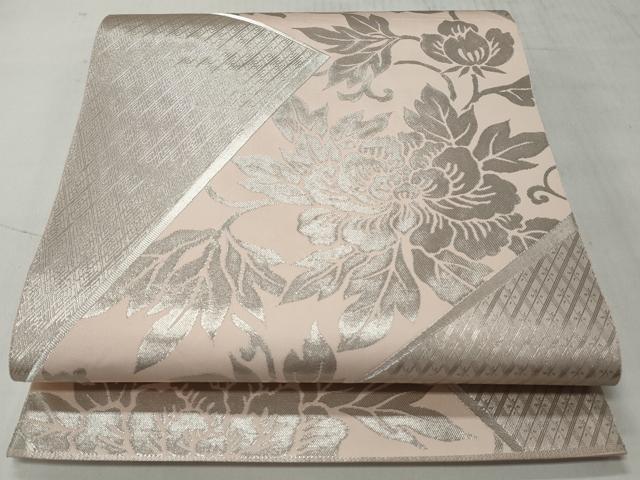 平和屋着物◎六通柄袋帯　色紙取牡丹　プラチナ箔　正絹　逸品　CABH8436qe