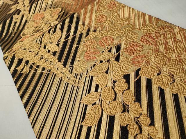 平和屋着物◎六通柄袋帯　草花文　黒地　金糸　正絹　逸品　CABH8437qe