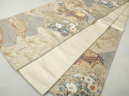平和屋着物◎六通柄袋帯　唐織　扇面に梅林図　金糸　正絹　逸品　CABH8435qe