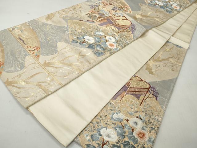 平和屋着物◎六通柄袋帯　唐織　扇面に梅林図　金糸　正絹　逸品　CABH8435qe