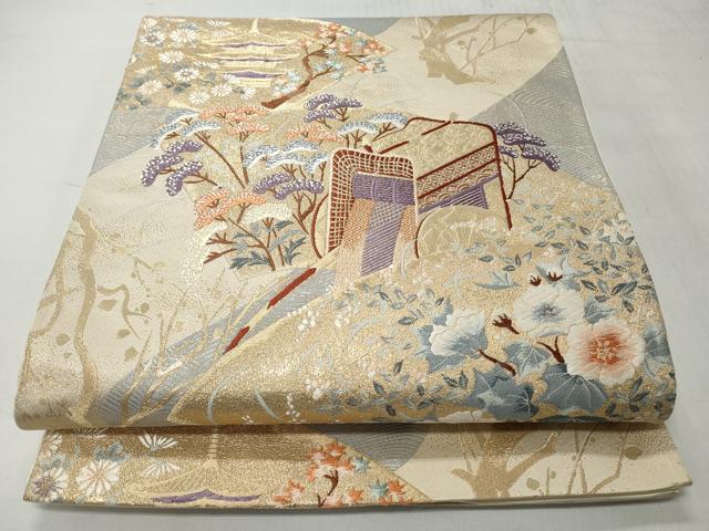 平和屋着物◎六通柄袋帯　唐織　扇面に梅林図　金糸　正絹　逸品　CABH8435qe