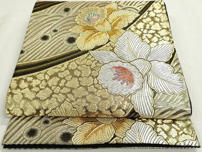 平和屋着物◎六通柄袋帯　草花文　黒地　金銀糸　正絹　逸品　DABF8410we