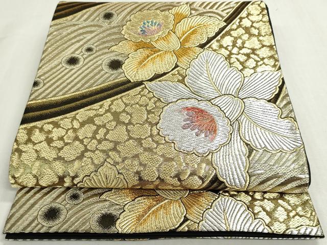 平和屋着物◎六通柄袋帯　草花文　黒地　金銀糸　正絹　逸品　DABF8410we