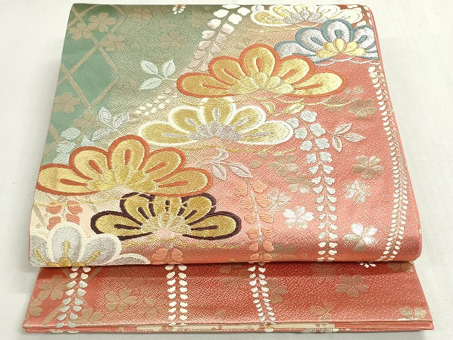平和屋着物◎両面　六通柄袋帯　唐織　藤笠松　舞桜文　金銀糸　正絹　逸品　DABF8394we