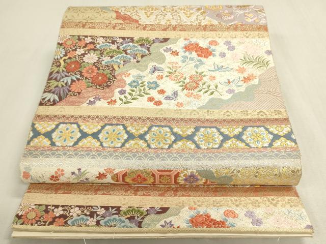平和屋着物◎六通柄袋帯　唐織　乙女小袖　横段花文　松竹梅　金糸　正絹　逸品　DABF8429we