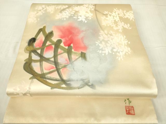 平和屋着物▼東京友禅　熊谷好博子　太鼓柄袋帯　花籠文　手描き　金銀彩　正絹　逸品　DABG0306az