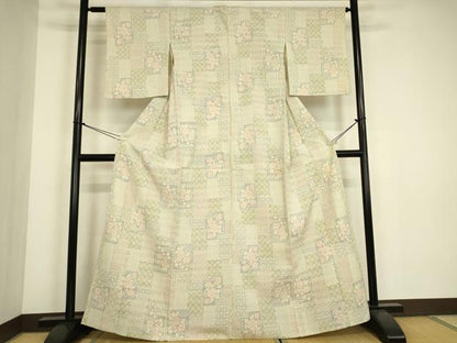 平和屋着物▽本塩沢　単衣　色紙重ね文　正絹　逸品　DABG0400az