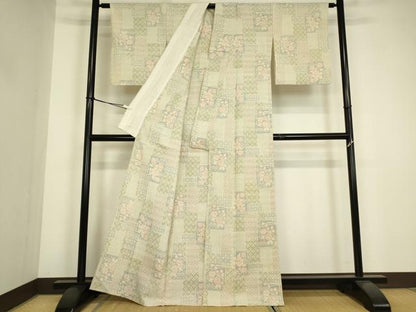 平和屋着物▽本塩沢　単衣　色紙重ね文　正絹　逸品　DABG0400az