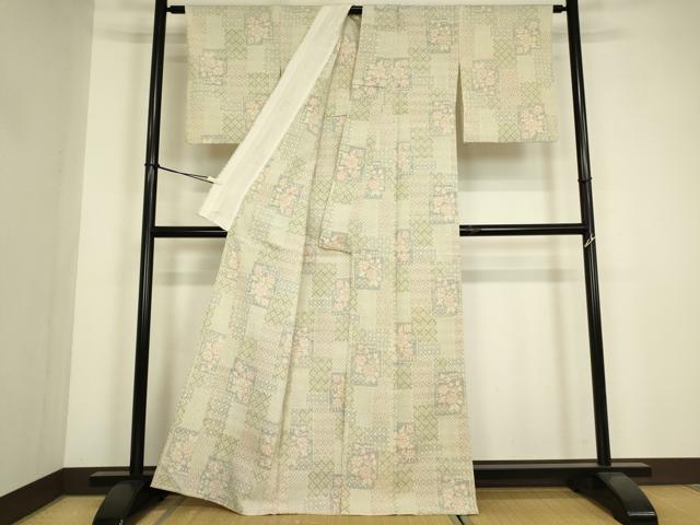 平和屋着物▽本塩沢　単衣　色紙重ね文　正絹　逸品　DABG0400az