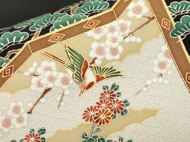 平和屋着物■豪華黒留袖　屏風松竹梅花鳥文　金銀彩　正絹　逸品　CABH0638ev