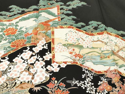 平和屋着物■豪華黒留袖　屏風松竹梅花鳥文　金銀彩　正絹　逸品　CABH0638ev