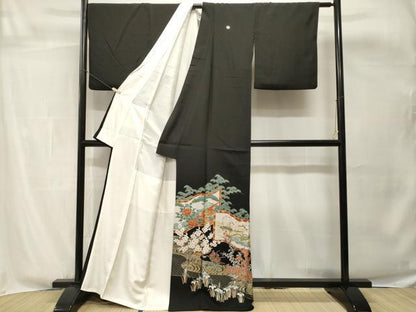 平和屋着物■豪華黒留袖　屏風松竹梅花鳥文　金銀彩　正絹　逸品　CABH0638ev