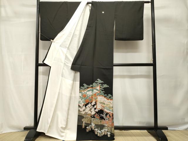 平和屋着物■豪華黒留袖　屏風松竹梅花鳥文　金銀彩　正絹　逸品　CABH0638ev
