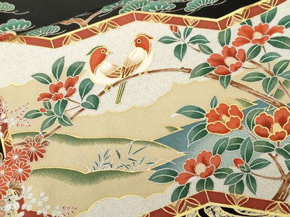 平和屋着物■豪華黒留袖　屏風松竹梅花鳥文　金銀彩　正絹　逸品　CABH0638ev