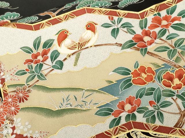 平和屋着物■豪華黒留袖　屏風松竹梅花鳥文　金銀彩　正絹　逸品　CABH0638ev