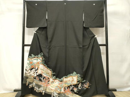 平和屋着物■豪華黒留袖　屏風松竹梅花鳥文　金銀彩　正絹　逸品　CABH0638ev