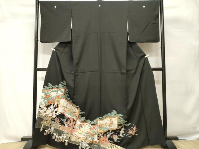 平和屋着物■豪華黒留袖　屏風松竹梅花鳥文　金銀彩　正絹　逸品　CABH0638ev