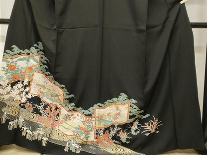 平和屋着物■豪華黒留袖　屏風松竹梅花鳥文　金銀彩　正絹　逸品　CABH0638ev
