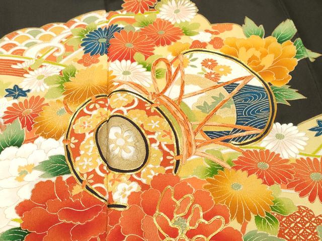 平和屋着物■豪華黒留袖　駒刺繍　吉祥鼓草花文　正絹　逸品　CABH0663ev