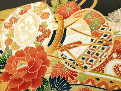 平和屋着物■豪華黒留袖　駒刺繍　吉祥鼓草花文　正絹　逸品　CABH0663ev