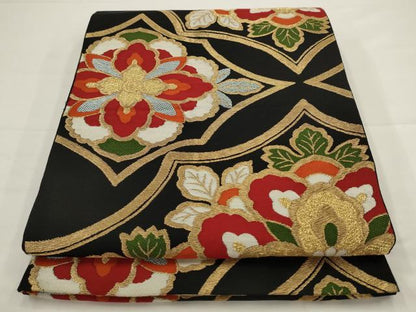 平和屋着物◎六通柄　本袋帯　唐織　草花文　黒地　金糸　正絹　逸品　AABJ4882pf