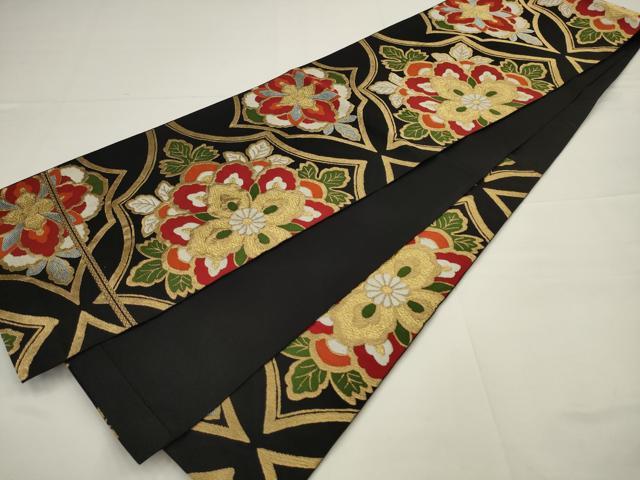平和屋着物◎六通柄　本袋帯　唐織　草花文　黒地　金糸　正絹　逸品　AABJ4882pf