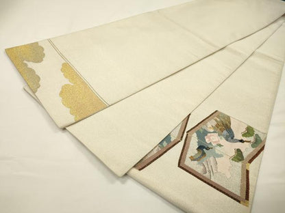 平和屋着物●爪掻き本綴れ　太鼓柄袋帯　屏風孔雀花松文　金銀糸　正絹　逸品　DABF2983fe