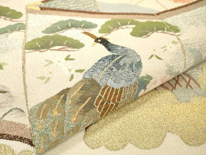 平和屋着物●爪掻き本綴れ　太鼓柄袋帯　屏風孔雀花松文　金銀糸　正絹　逸品　DABF2983fe