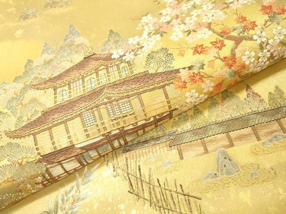 平和屋本店●太鼓柄袋帯　唐織　金閣寺絵文　本金箔　金泥箔　反端付き　正絹　逸品　DABG5080fe