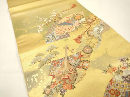 平和屋本店●太鼓柄袋帯　唐織　道長扇面花鳥絵文　本金箔　金泥箔　正絹　逸品　未使用　DABG5078fe