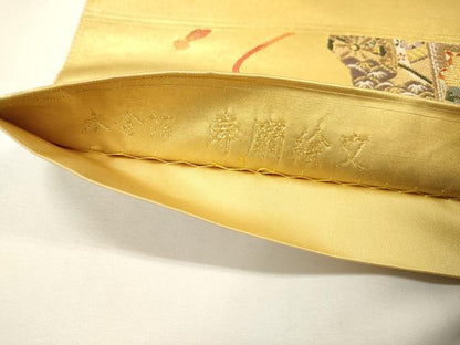 平和屋本店●太鼓柄袋帯　唐織　寿扇絵文　本金箔　金泥箔　正絹　逸品　DABG5079fe