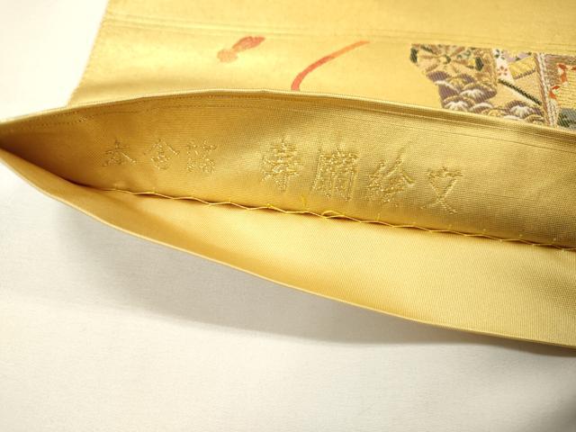 平和屋本店●太鼓柄袋帯　唐織　寿扇絵文　本金箔　金泥箔　正絹　逸品　DABG5079fe