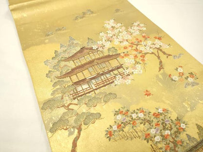 平和屋本店●太鼓柄袋帯　唐織　金閣寺絵文　本金箔　金泥箔　反端付き　正絹　逸品　DABG5080fe