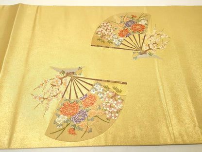 平和屋本店●太鼓柄袋帯　唐織　道長扇面花鳥絵文　本金箔　金泥箔　正絹　逸品　未使用　DABG5078fe