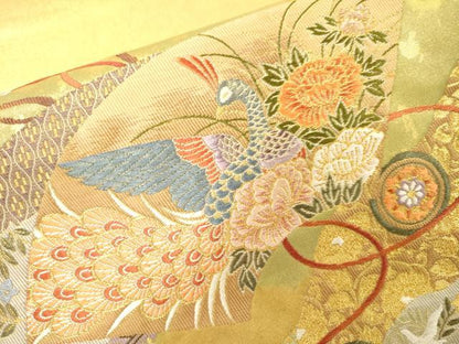 平和屋本店●太鼓柄袋帯　唐織　道長扇面花鳥絵文　本金箔　金泥箔　正絹　逸品　未使用　DABG5078fe