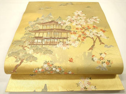 平和屋本店●太鼓柄袋帯　唐織　金閣寺絵文　本金箔　金泥箔　反端付き　正絹　逸品　DABG5080fe