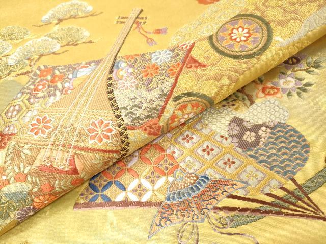 平和屋本店●太鼓柄袋帯　唐織　道長扇面花鳥絵文　本金箔　金泥箔　正絹　逸品　未使用　DABG5078fe