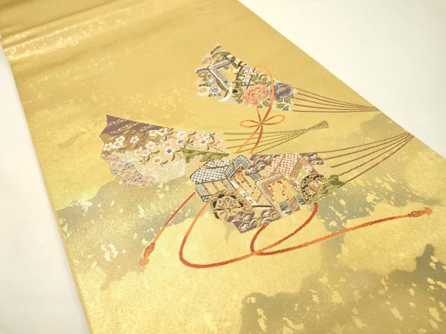 平和屋本店●太鼓柄袋帯　唐織　寿扇絵文　本金箔　金泥箔　正絹　逸品　DABG5079fe