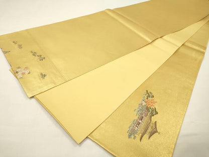 平和屋本店●太鼓柄袋帯　唐織　金閣寺絵文　本金箔　金泥箔　反端付き　正絹　逸品　DABG5080fe