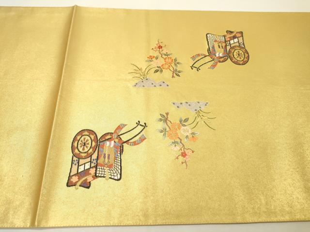平和屋本店●太鼓柄袋帯　唐織　寿扇絵文　本金箔　金泥箔　正絹　逸品　DABG5079fe