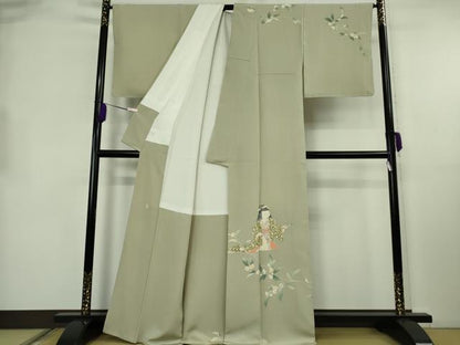 平和屋本店●極上　二代目・由水十久　本加賀友禅　訪問着　茶乃花　人物文　柳鼠色地　逸品　DZAB2430kh6
