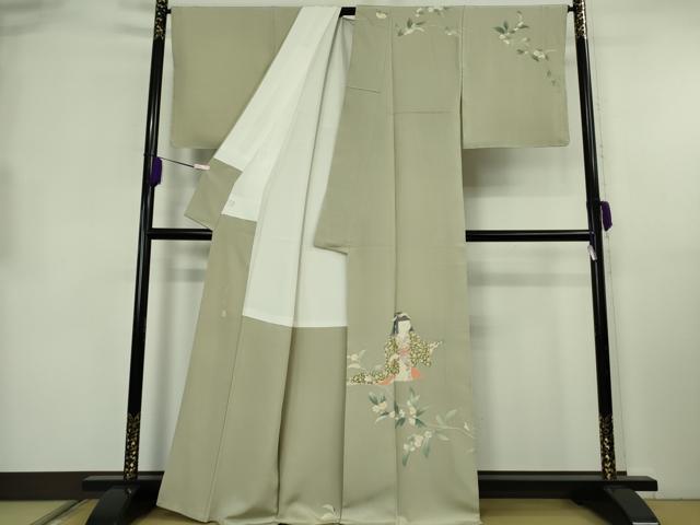 平和屋本店●極上　二代目・由水十久　本加賀友禅　訪問着　茶乃花　人物文　柳鼠色地　逸品　DZAB2430kh6