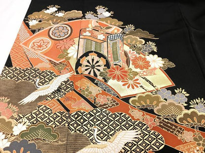 平和屋着物■豪華黒留袖　飛鶴御所車花文　金彩　正絹　逸品　CABH4144xe