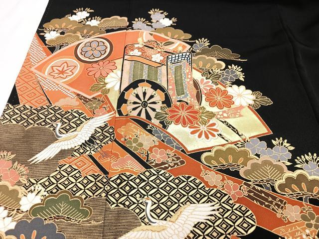平和屋着物■豪華黒留袖　飛鶴御所車花文　金彩　正絹　逸品　CABH4144xe