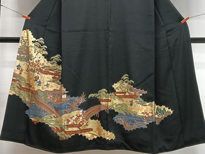 平和屋着物■豪華黒留袖　渡り橋人物風景文　金彩　正絹　逸品　CABH4179xe
