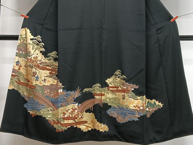 平和屋着物■豪華黒留袖　渡り橋人物風景文　金彩　正絹　逸品　CABH4179xe
