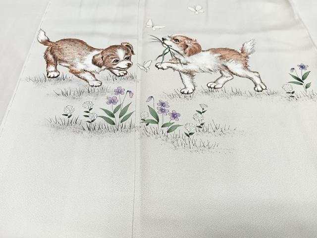 平和屋着物●訪問着　作家物　手描き　犬　舞蝶花文　正絹　逸品　CABH4169xe